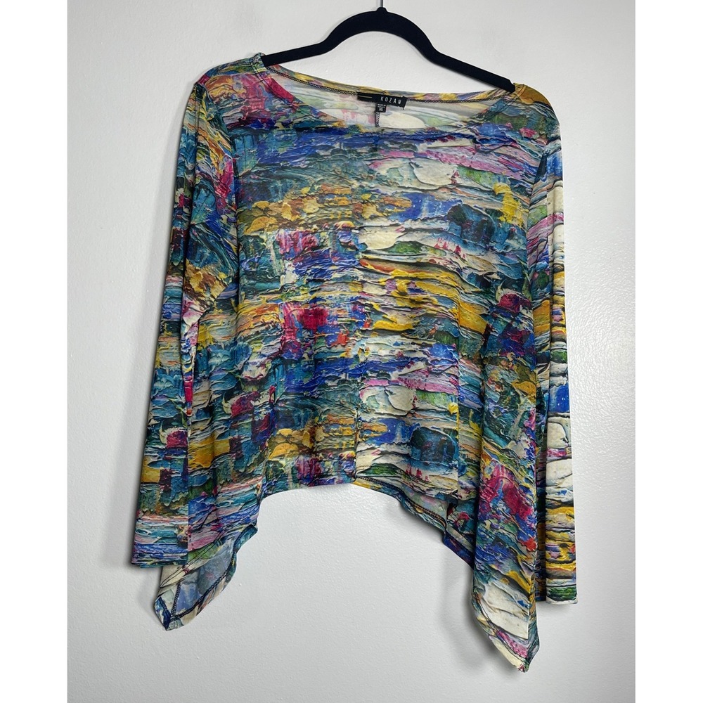 KOZAN Abstract Print Mesh Top Blouse XS Colorful Artsy Streetwear Wearable Art